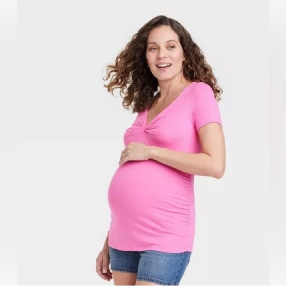 🆕 NWT Ingrid & Isabel Pink Short Sleeve Twist Front Maternity Top Sz XL